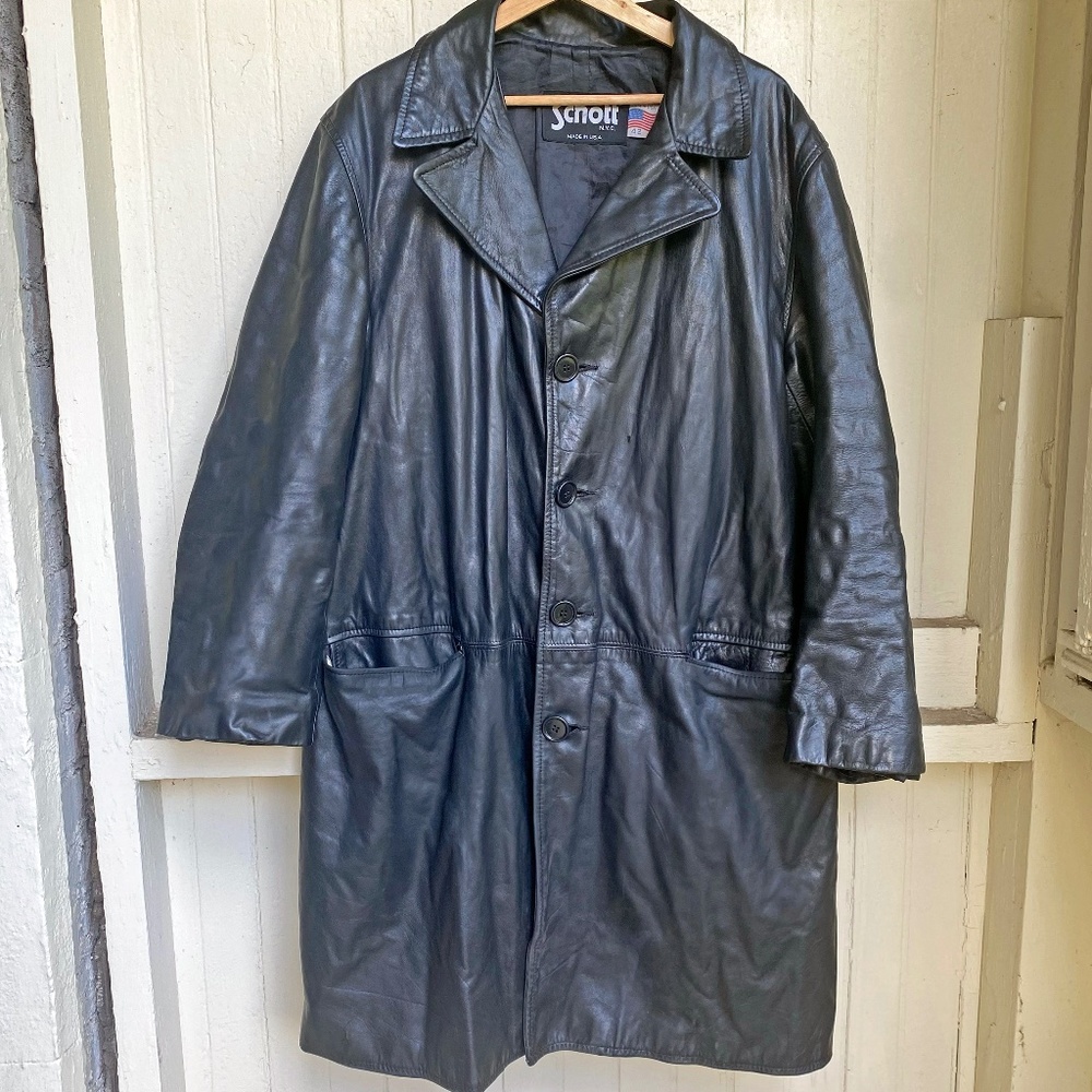 Schott NYC Black Leather Trench Button Up Jacket Sz 42 Made in USA
